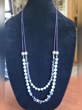 Chico's Double-Strand Blue Sea  Glass Stone Beaded Statement Necklace